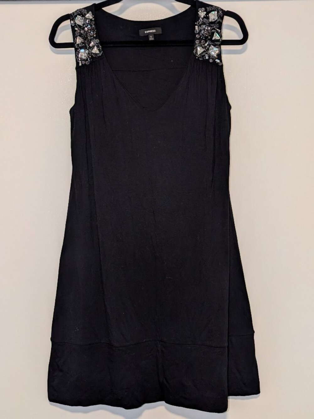 4/$16 ❇️ Express Black Y2K Jersey Dress with Rhinestones at Shoulder